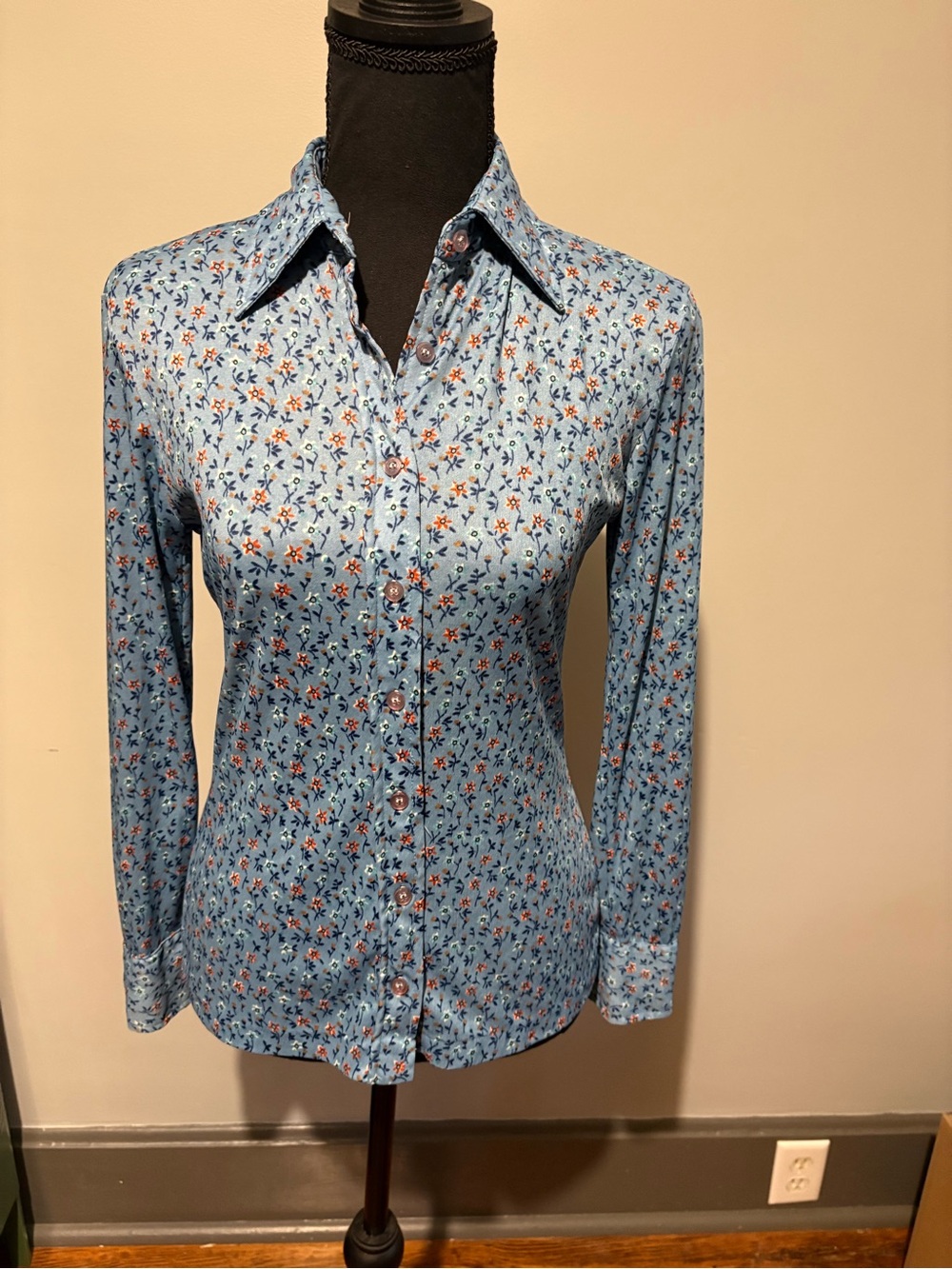 Vintage 1970’s Light Blue Floral Long-Sleeve Button-Down Shirt